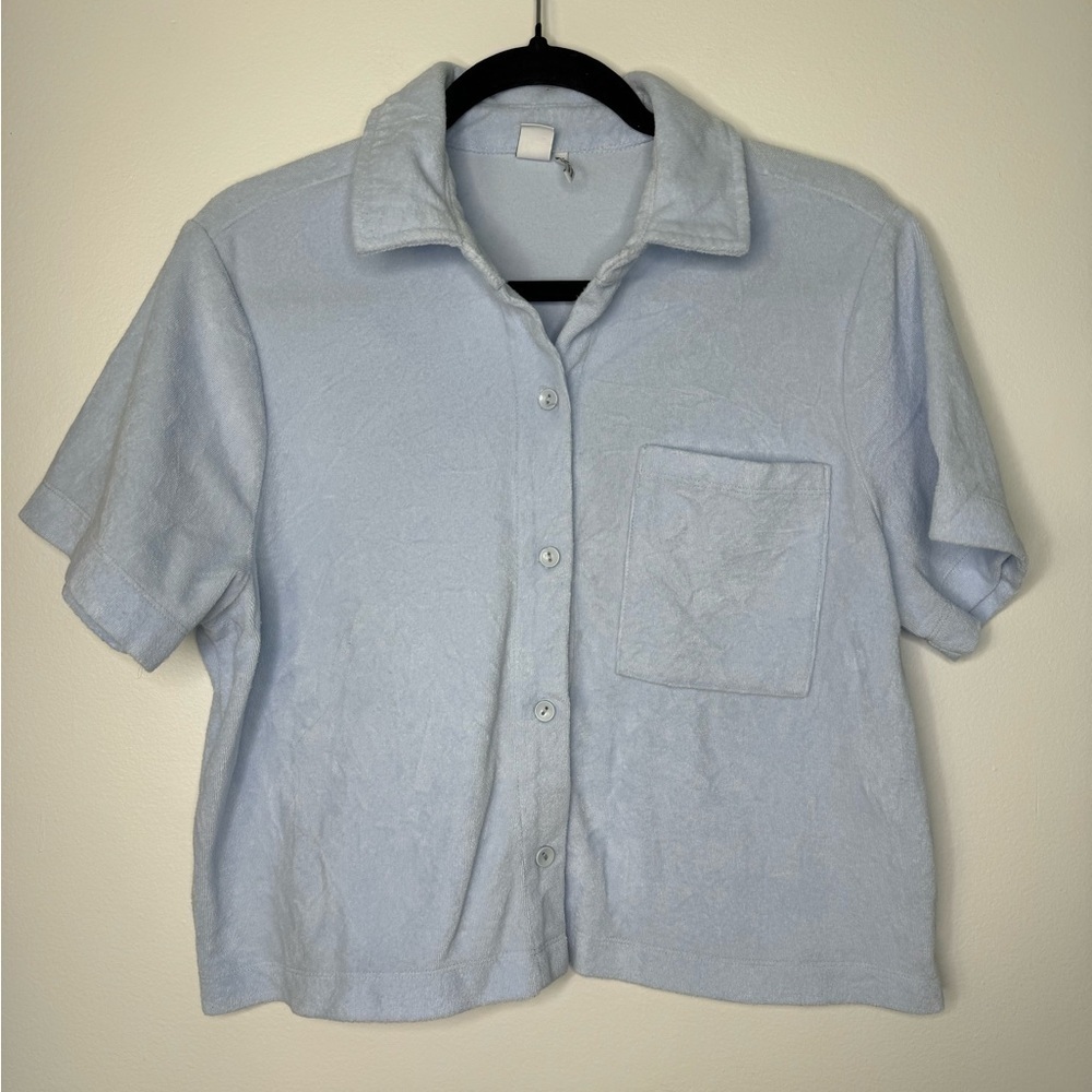 Simons vision baby blue terrycloth organic cotton blouse size large